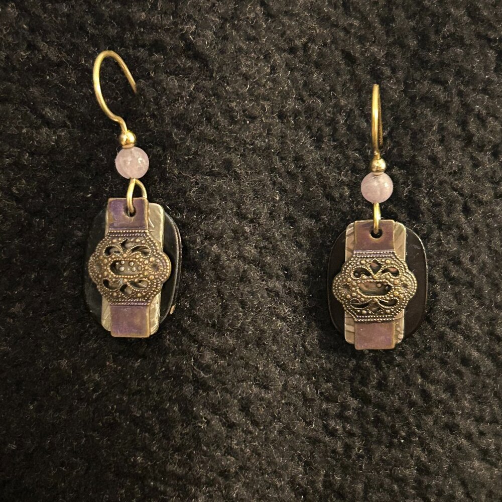 Purple and Antiqued Gold Dangle Earrings